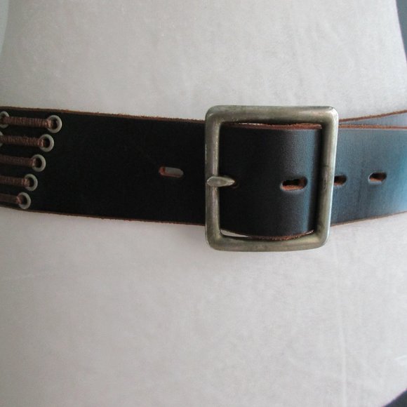 Southwestern Boho Genuine Leather Belt Sz. M Black Brown Woven detail 1.5\